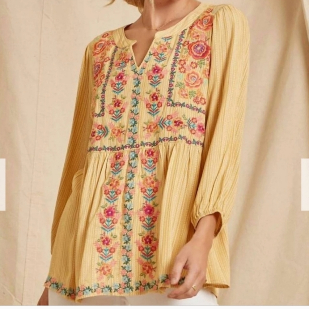 Savanna Jane Floral Embroidered Babydoll Blouse in Marigold 1X